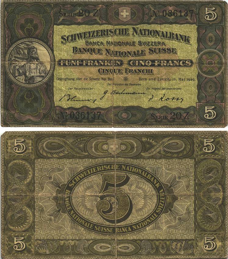Швейцария 5 франков 1939 17 мая 1939, серия 20 Z Pick 11 i бумага 8606-10-1-1