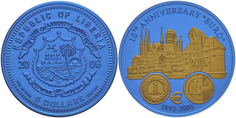 Либерия 5 долларов 2005 10 лет евро, страны не присоединившиеся к еврозоне, Польша, монеты с сертификатом, би-колор (два цвета), вес 7,78 гр., диаметр 35 мм.  ниобий  UNC  1080-3-43