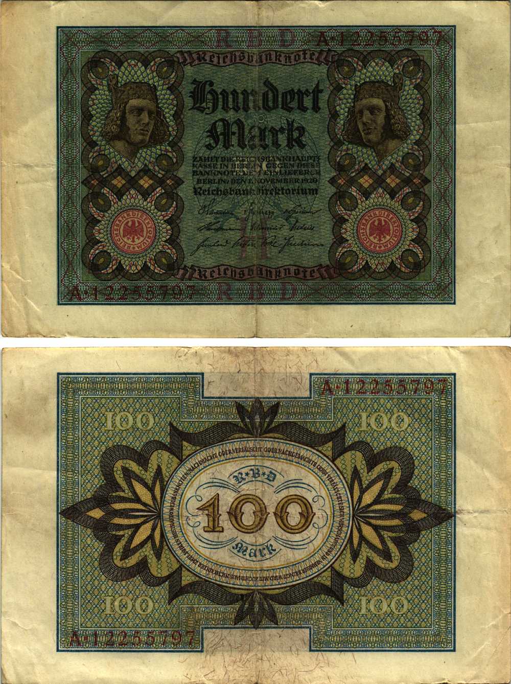 Германия 100 марок 1920 Бамбергский всадник, 8 цифр в номере, буква H Pick 69 b, Розенберг 69b бумага 8609-55-1