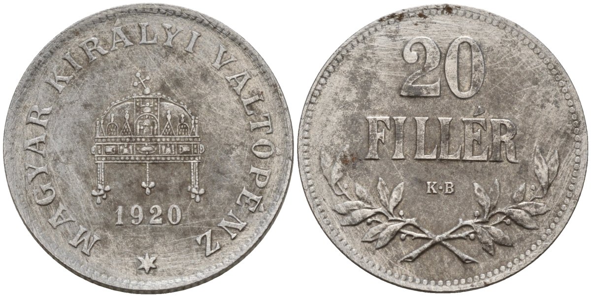 Венгрия 20 филлеров 1920 КВ, Карл I (1916-1918), редкий год KM 498 железо 4151-1031