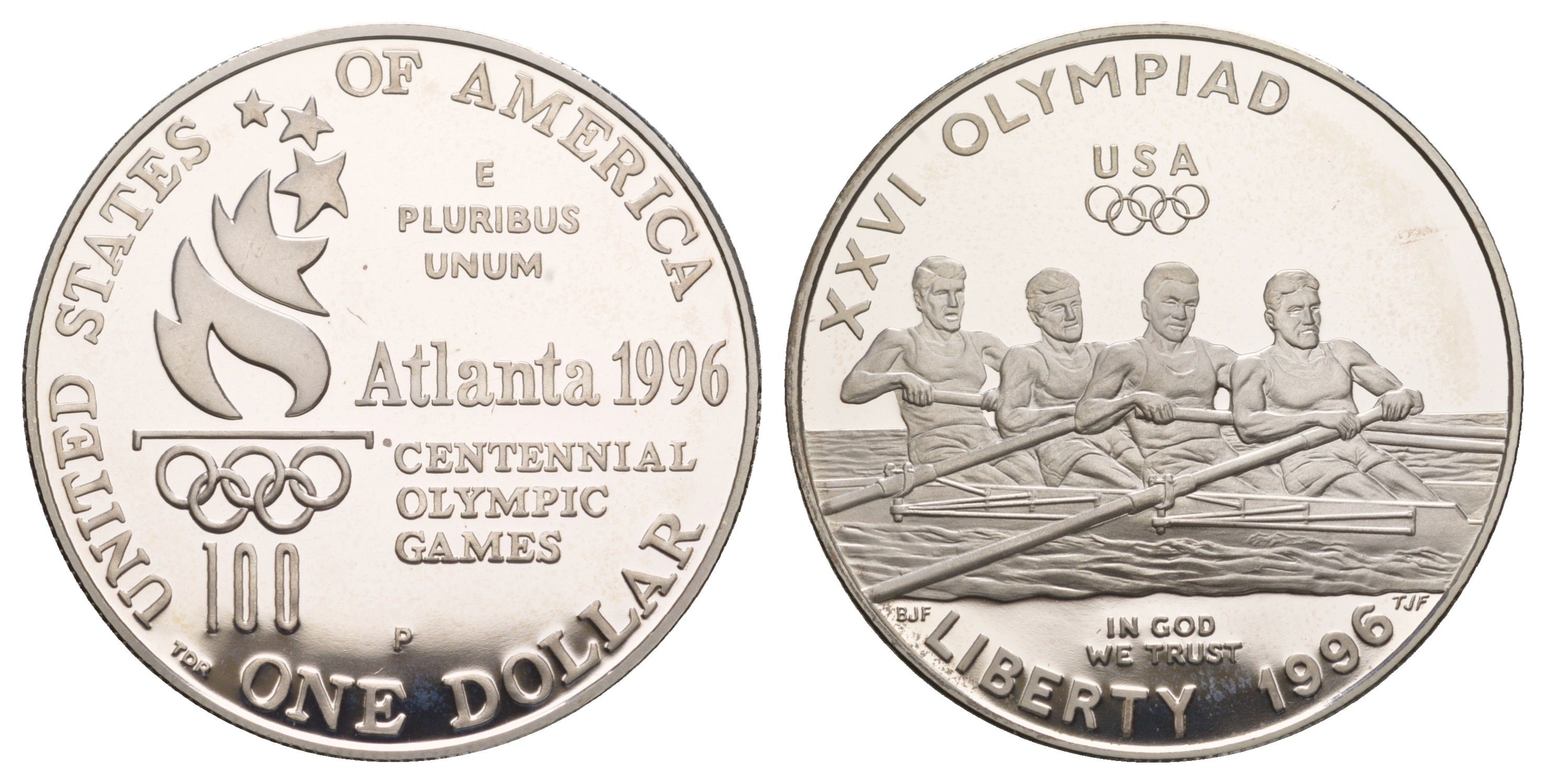 США 1 доллар 1996 P, XXVI летние Олимпийские Игры, Атланта 1996 - Академическая гребля KM A272 серебро PROOF 11-262-43