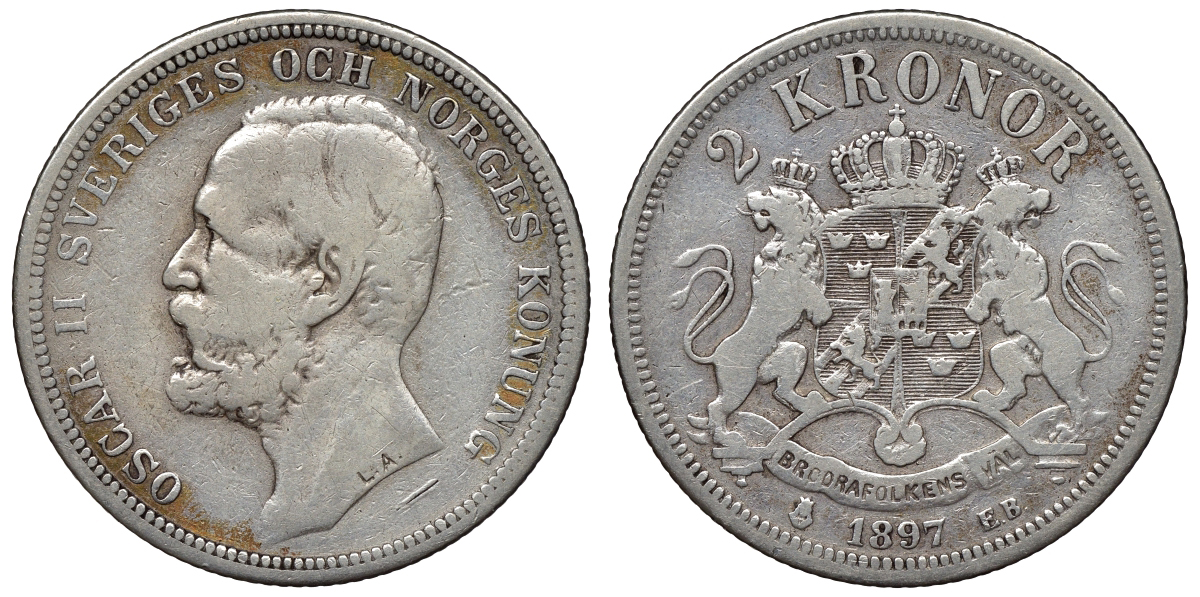 Швеция 2 кроны 1897 ЕВ, Оскар II (1872-1907) король Швеции и Норвегии KM 761 серебро 1531-325