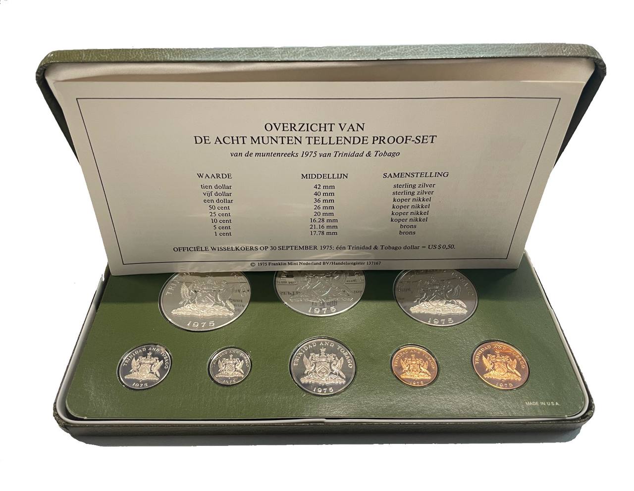 Тринидад и Тобаго набор из 8 монет 1975 в оригинальной коробке, с сертификатом KM Ps 10 PROOF 8-2-04-14