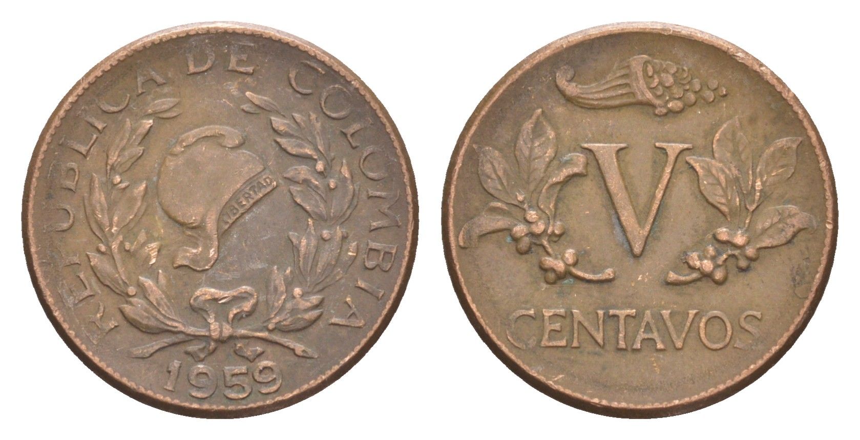 Колумбия 5 сентаво 1959 KM 206 бронза 4651-939