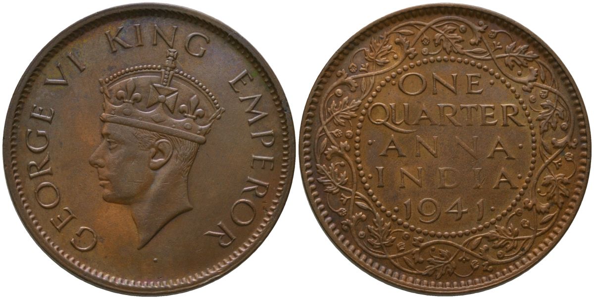 Индия 1/4 анны 1941 Георг VI (1936-1952) KM 531 бронза 4571-451
