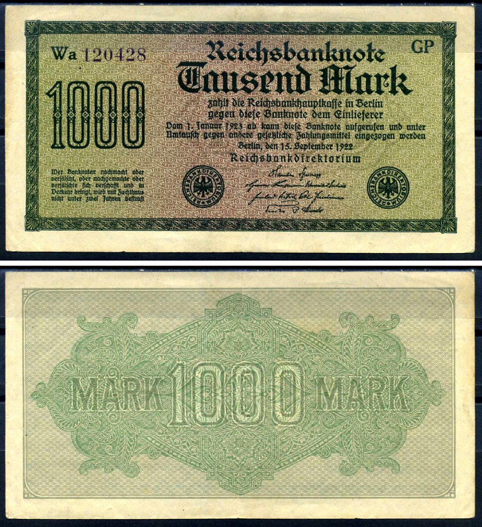 Германия 1000 марок 1922 выпуск 15 сентября 1922, водяной знак D, белая бумага, серия GP, буква Wa Pick 76 d (1) бумага 8617-48-1-2