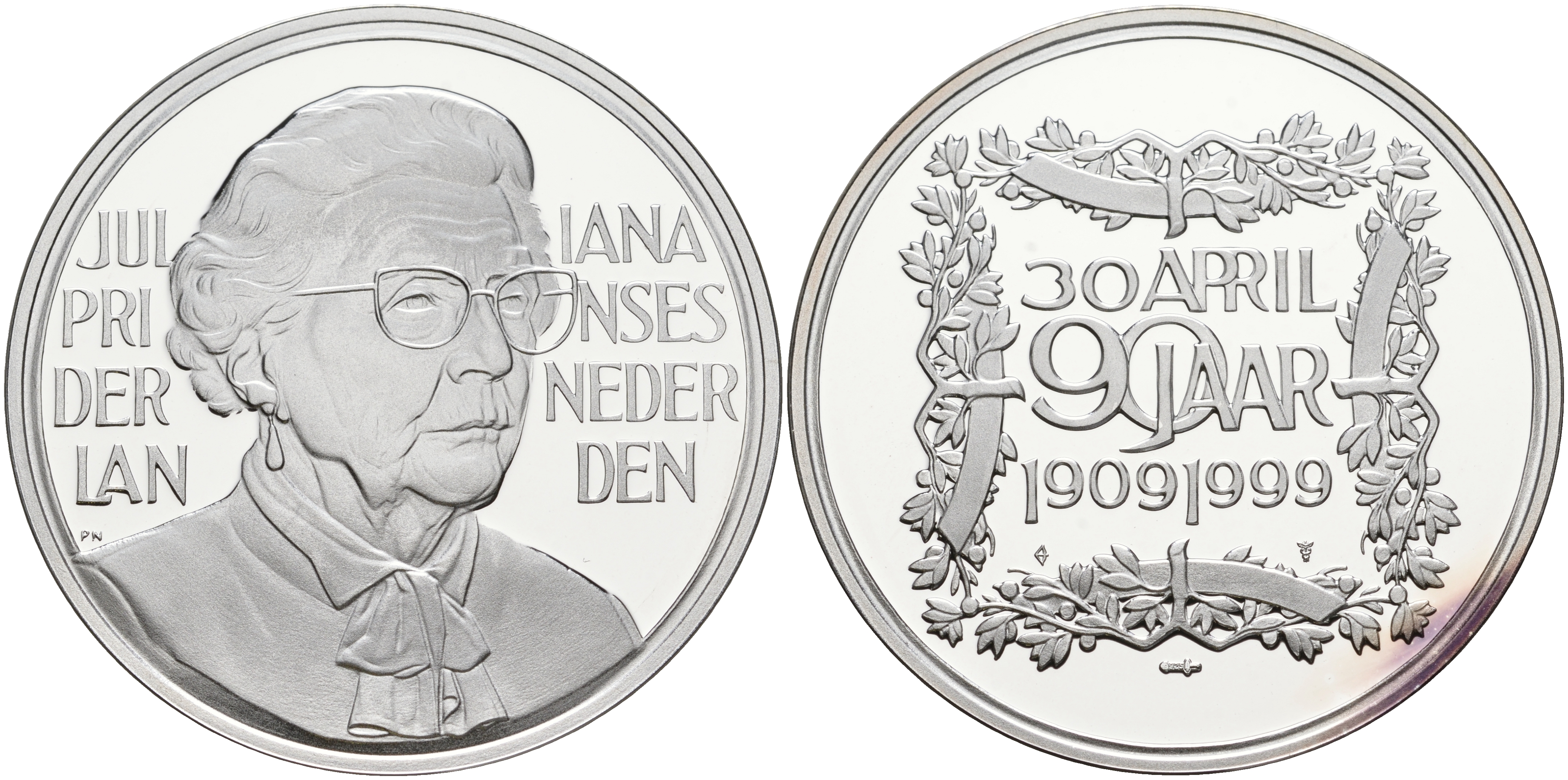 Нидерланды медаль ND 90 лет со дня рождения принцессе Нидерландов Юлианне  серебро  PROOF  11-132-23