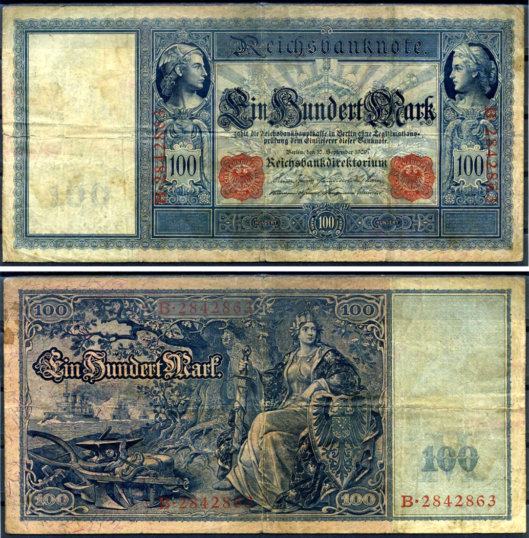 Германия 100 марок 1910 21 апреля 1910, красная печать, Меркурий и Церера, белая бумага Pick 42 (1) бумага 7191-45-1-2