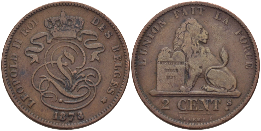 Бельгия 2 сантима 1873 Des Belges, Леопольд II (1865-1909) KM 35.1 медь 28-226