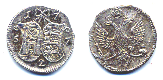 РОССИЯ ДЛЯ ПРИБАЛТИЙСКИХ ПРОВИНЦИЙ 2 КОПЕЙКИ 1757 Биткин 646 R1 серебро 00-346-43-2