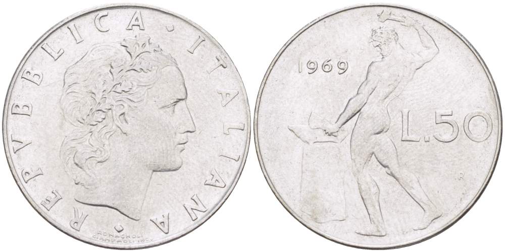 ИТАЛИЯ 50 ЛИР 1969 R, КУЗНЕЦ, ВУЛКАН БОГ ОГНЯ, ДИАМЕТР 25 ММ. KM 95.1 нержавеющая сталь 4388-211