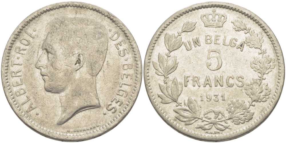 БЕЛЬГИЯ 5 ФРАНКОВ 1931 АЛЬБЕРТ I, DES BELGES KM 97.1 никель 3851-145
