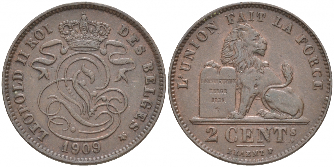 БЕЛЬГИЯ 2 САНТИМА 1909 BELGES KM 35.1 медь 68-214