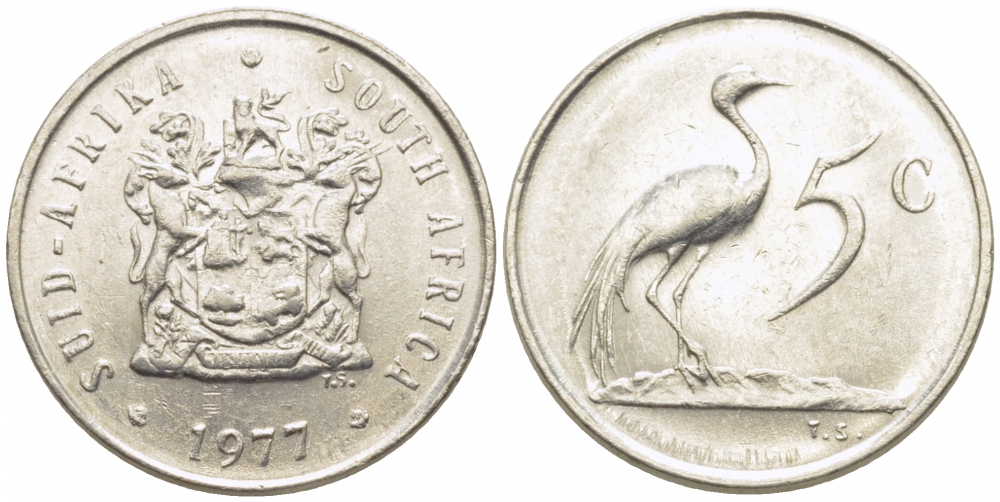 ЮАР 5 центов 1977 герб, райский журавль KM 84 никель UNC 105-1027