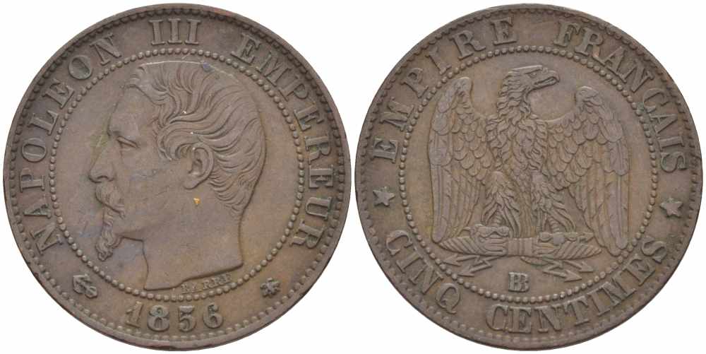Франция 5 сантимов 1856 BB, Наполеон III (1852-1870) KM 777.3, LE FRANC 116.32 бронза 108-414