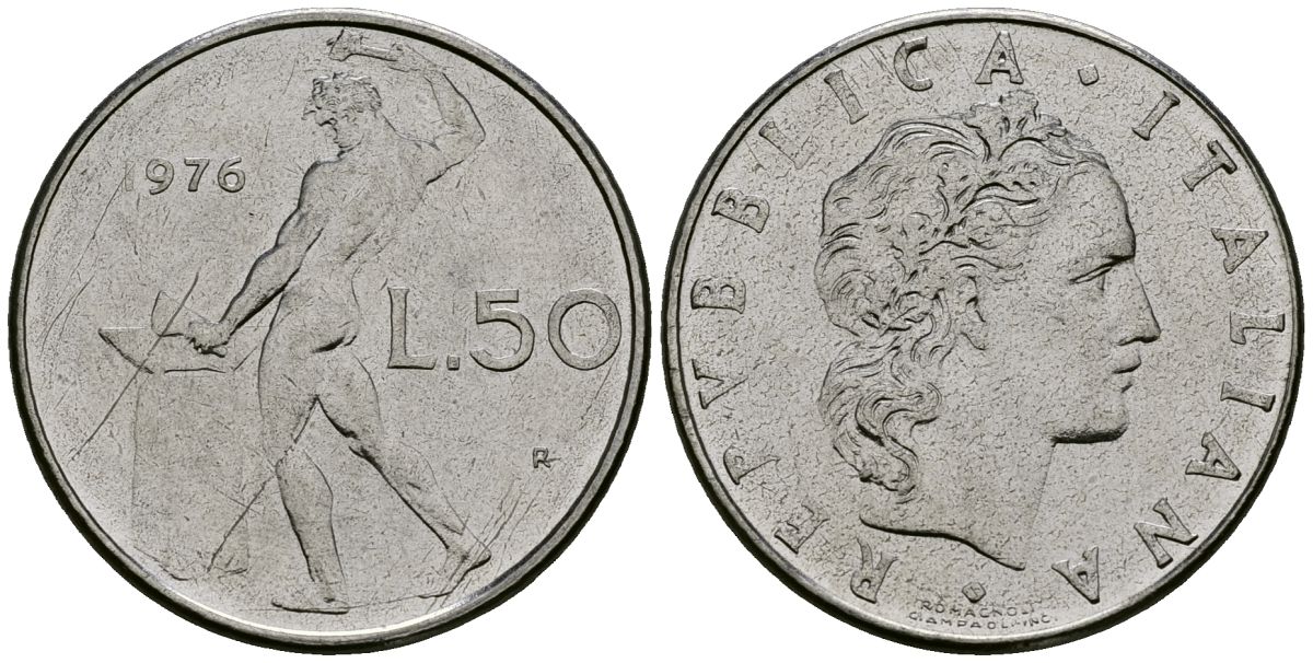 Италия 50 лир 1976 R, бог огня Вулкан у наковальни KM 95.1 нержавеющая сталь 4138-614