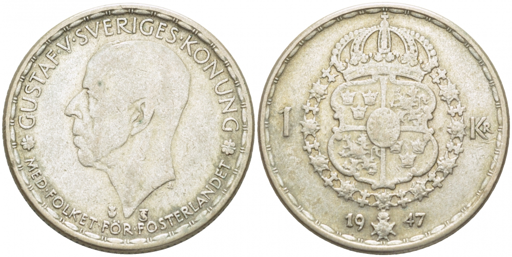 Швеция 1 крона 1947 TS, Густав V (1907-1950) KM 814 серебро 175-1117
