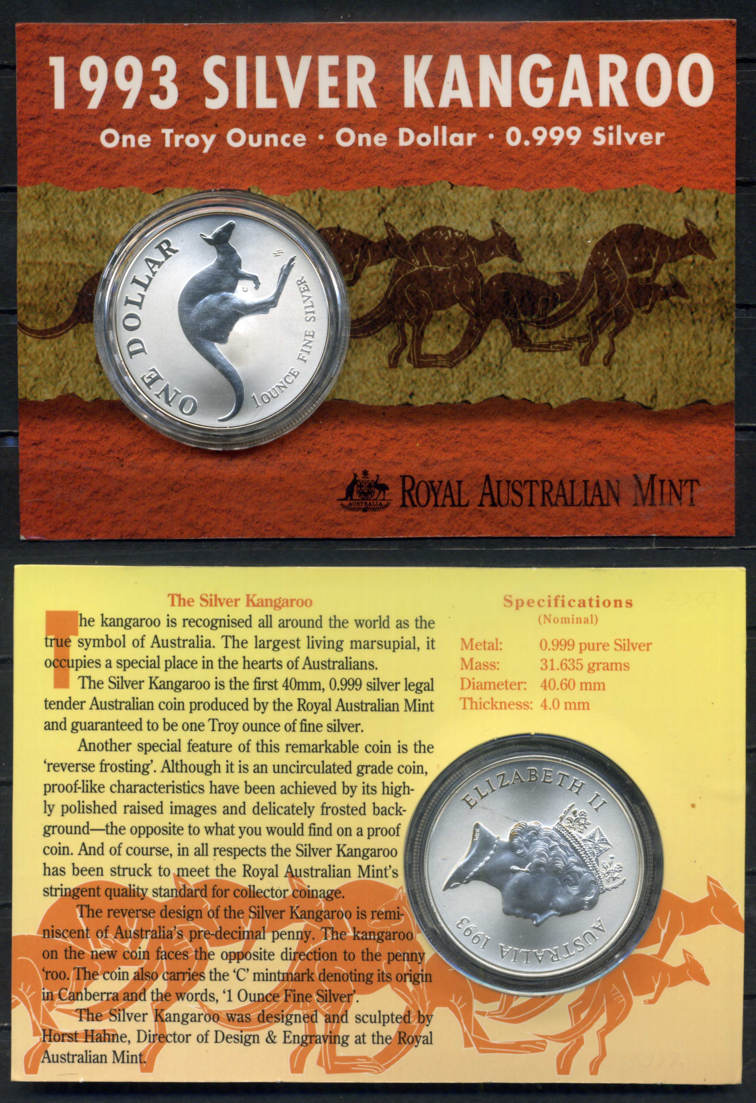 Австралия 1 доллар 1993 Кенгуру, в оригинальй упаковке KM 211 серебро BU 5-6-4-01