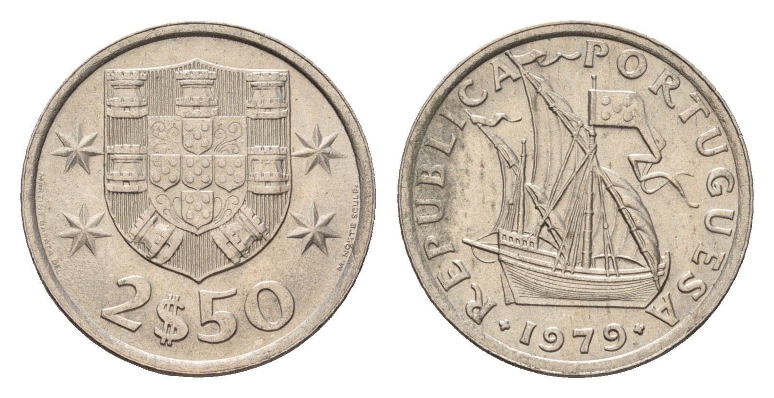 Португалия 2,5 эскудо 1979 парусник KM 590 медно-никель UNC 4708-356