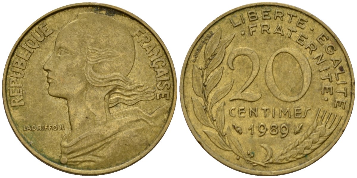 Франция 20 сантимов 1989 тип Marianne KM 930 алюминиевая бронза 4393-1045