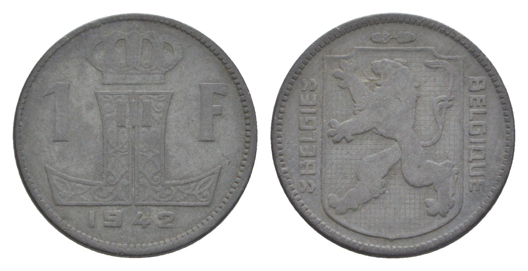 Бельгия 1 франк 1942 Belgique - Belgie, Леопольд III (1934-1947), германская оккупация, Вторая мировая война KM 128 цинк 4636-218