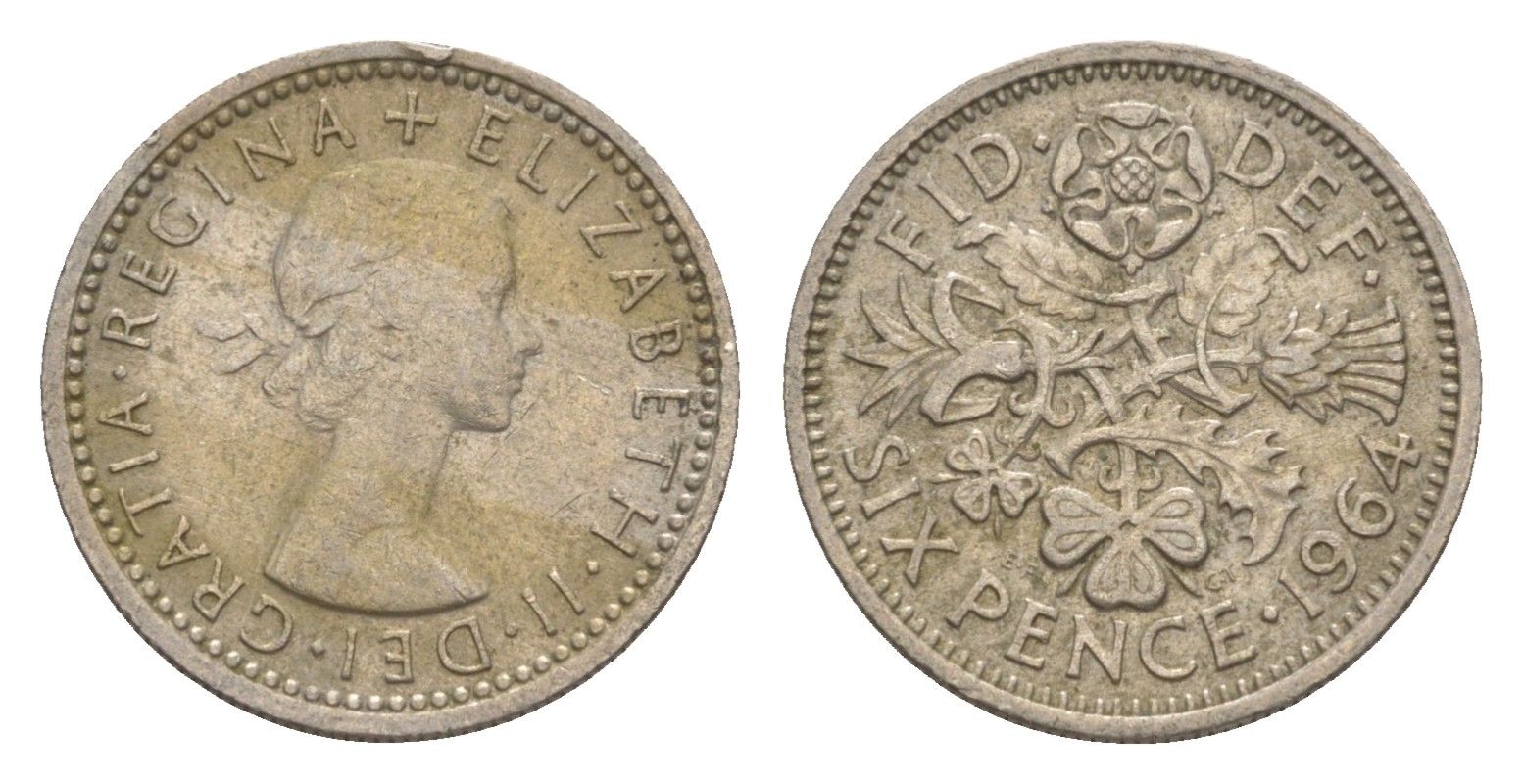 Великобритания 6 пенсов 1964 Елизавета II (1952-2022) KM 903, Spink 4149 медно-никель 4613-421