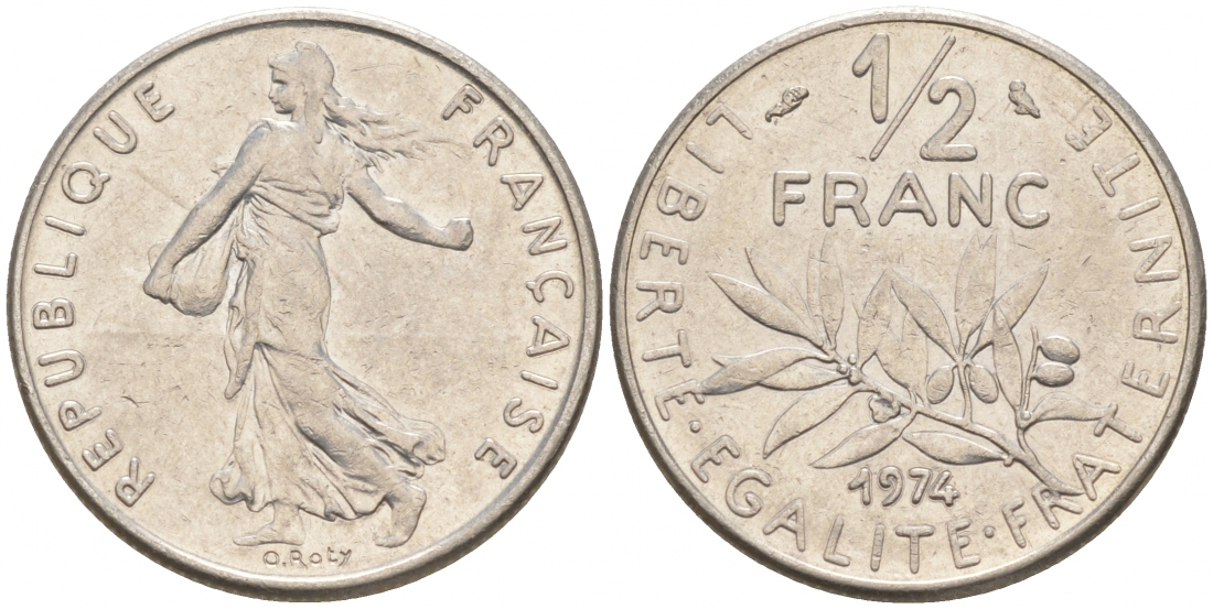 ФРАНЦИЯ 1/2 ФРАНКА 1974 СЕЯТЕЛЬ KM 931.1, LE FRANC 198.13 никель 187-124