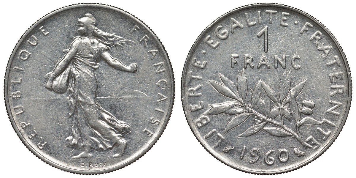 Франция 1 франк 1960 сеятель KM 925.1, Le Franc 226.5 никель 4128-422