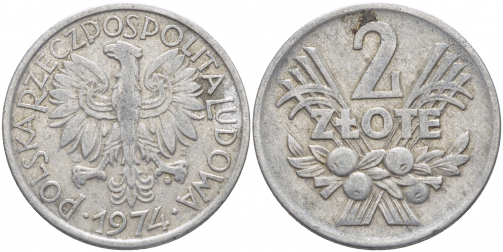 ПОЛЬША 2 ЗЛОТЫХ 1974 MW KM 46 алюминий 114-1211