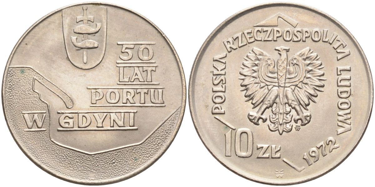 Польша 10 злотых 1972 MW, 50 лет морскому порту в Гдыне KM 65 медно-никель 4517-436