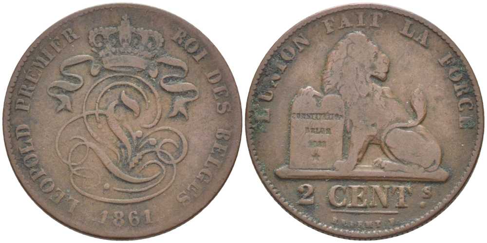 БЕЛЬГИЯ 2 САНТИМА 1861 BELGES, ЛЕОПОЛЬД I (1831-1865) KM 4.2 медь 119-315