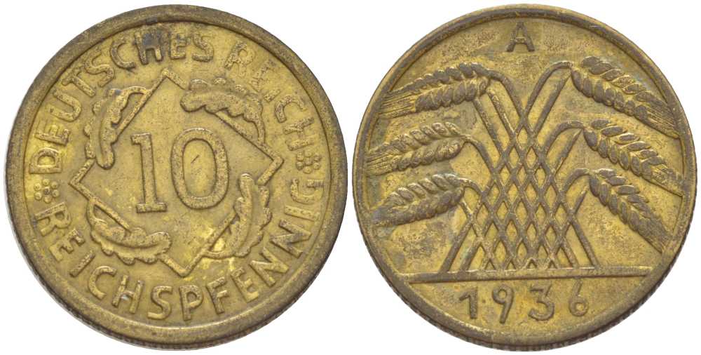 ГЕРМАНИЯ 10 РЕЙХСПФЕННИГОВ 1936 A KM 40, J. 317, Weege 9 алюминиевая бронза 210-426