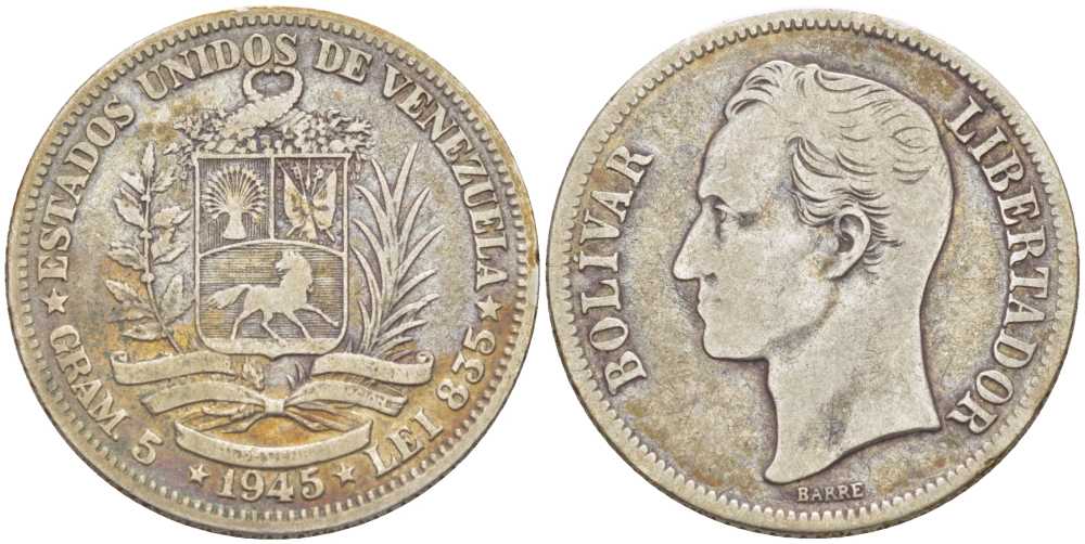 Венесуэла 1 боливар 1945 р, Симон Боливар KM 22а серебро 98-154