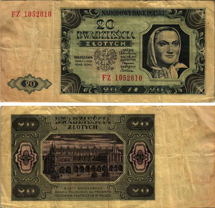 Польша 20 злотых 1948 женщина, торговые ряды в Кракове, 2 буквы в серии Pick 137 (2) бумага 7183-38-2-2