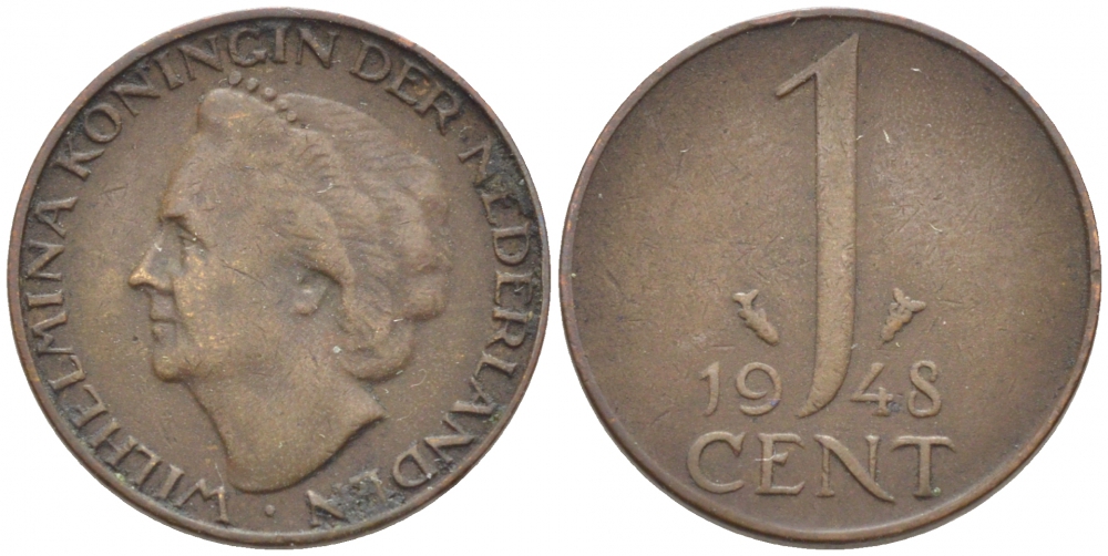 Нидерланды 1 цент 1948 Вильгельмина (1890-1948), год тип KM 175 бронза 112-318