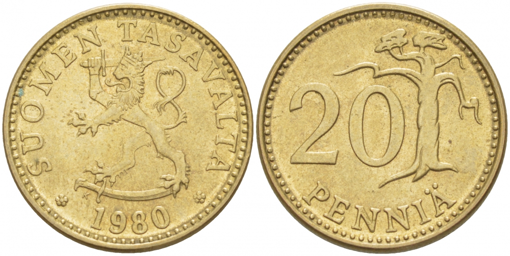 ФИНЛЯНДИЯ 20 ПЕННИ 1980 K KM 47 алюминиевая бронза 3718-652