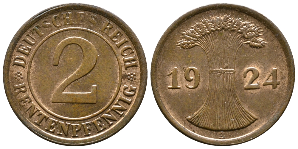 ГЕРМАНИЯ 2 РЕНТЕНПФЕННИГА 1924 A KM 31, J.307 бронза 73-1333
