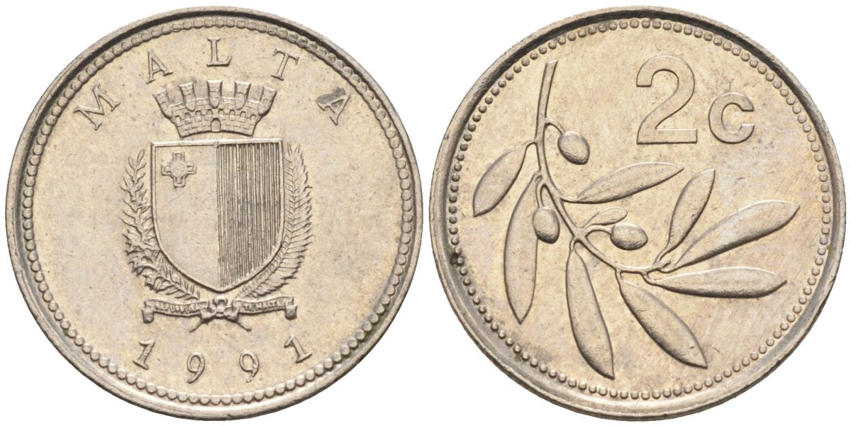Мальта 2 цента 1991 оливковая ветвь KM 94 медно-никель 112-515