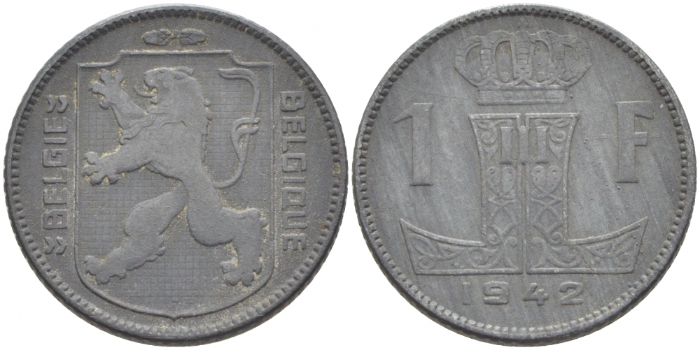 БЕЛЬГИЯ 1 ФРАНК 1942 BELGIQUE-BELGIE, ГЕРМАНСКАЯ ОККУПАЦИЯ, ВТОРАЯ МИРОВАЯ ВОЙНА KM 127 цинк 3856-453