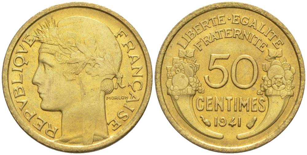 ФРАНЦИЯ 50 САНТИМОВ 1941 ТИП MORLON KM 894.1, LE FRANC 192.18 алюминиевая бронза 44-445