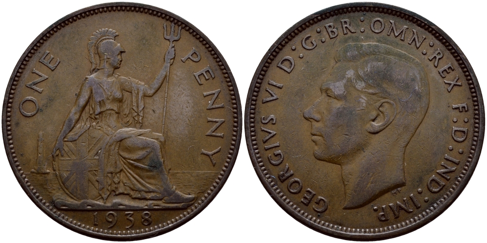 Великобритания 1 пенни 1937 Георг VI (1936-1952) KM 845, Spink 4114 бронза 4178-1032