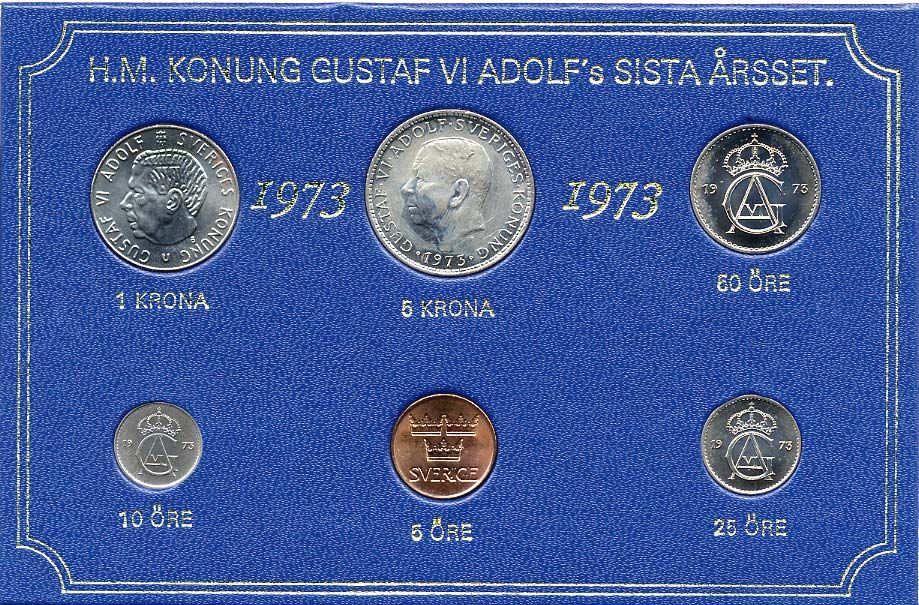 Швеция набор монетного двора из 6 монет 1973 в картоне, Густав VI Адольф (1950-1973) KM MS1 UNC 7-5-7-206