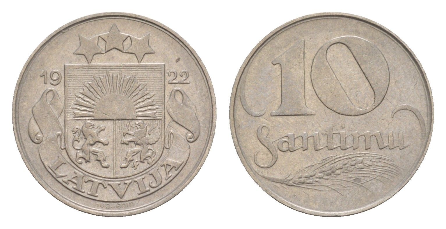 Латвия 10 сантимов 1922 год-тип KM 4 никель 4658-1231