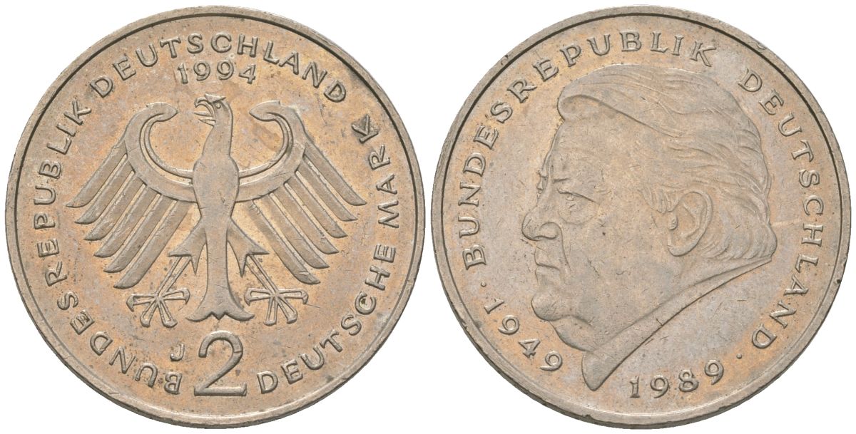 ФРГ 2 марки 1994 J, Франц Йозеф Штраус, 40 лет Федеративной Республике KM 175 медно-никель 4572-1022