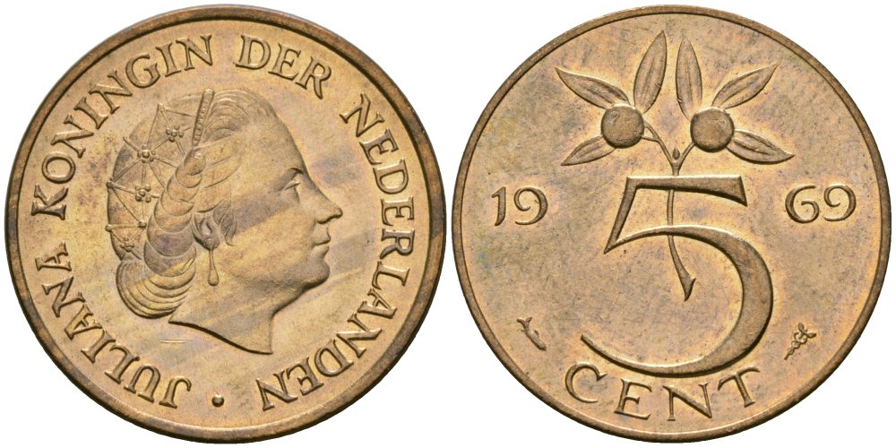 Нидерланды 5 центов 1969 Юлиана (1948-1980) KM 181 бронза 4579-624