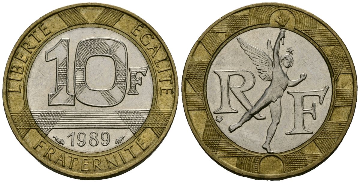Франция 10 франков 1989 тип гений Бастилии KM 964.1, Le Franc 375.3 биметалл 4135-535