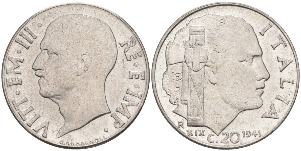 ИТАЛИЯ 20 ЧЕНТЕЗИМО 1941 R, ГОД XIX, ВИКТОР ЭММАНУИЛ III (1900-1946) KM 75b, VEM3. 1028 нержавеющая сталь 3853-1152