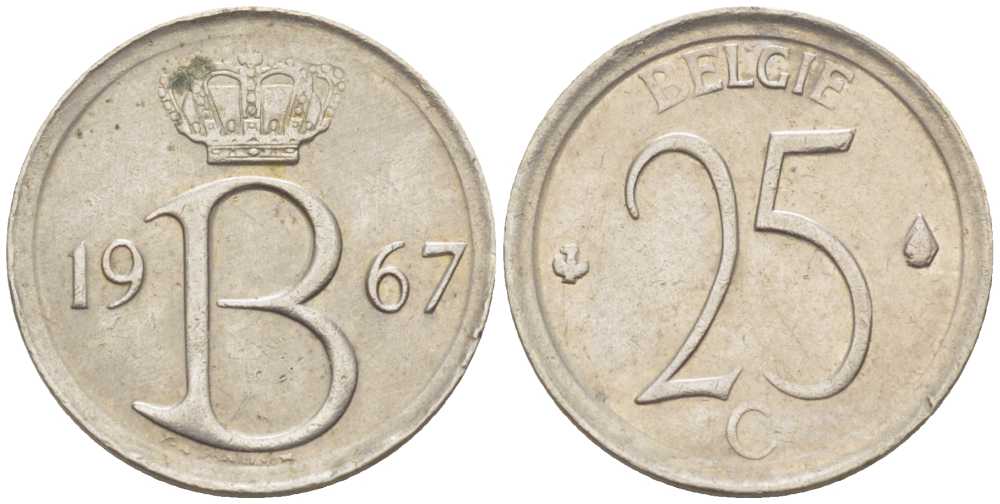 Бельгия 25 сантимов 1967 Belgie, Бодуэн I (1951-1993) KM 154.1 медно-никель 214-145