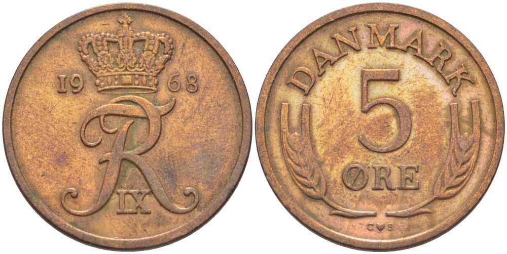 ДАНИЯ 5 ЭРЕ 1968 C; S, ФРЕДЕРИК IX (1947-1972) KM 848.1 бронза 67-843