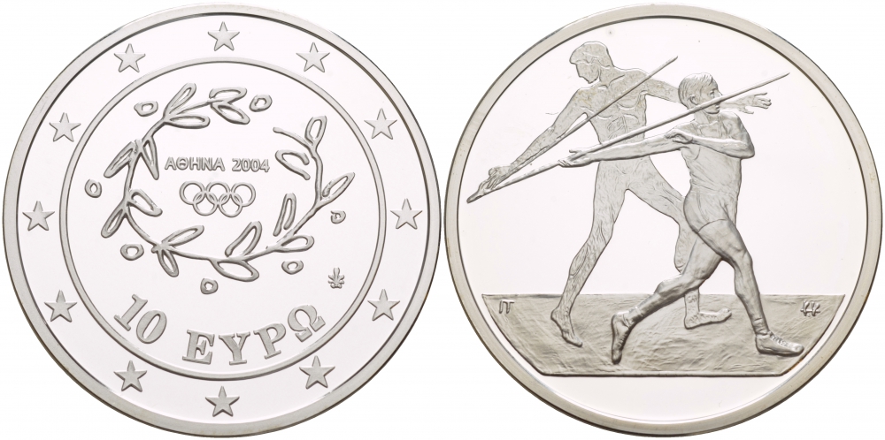 Греция 10 евро 2003 XXVIII летние Олимпийские игры 2004 года в Афинах, метание копья KM 193 серебро PROOF 1088-3-64